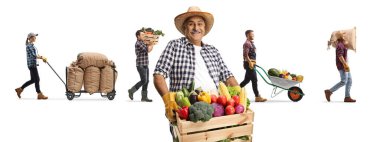 Beyaz arka planda sandık, el arabası ve çuval taşıyan çiftçiler