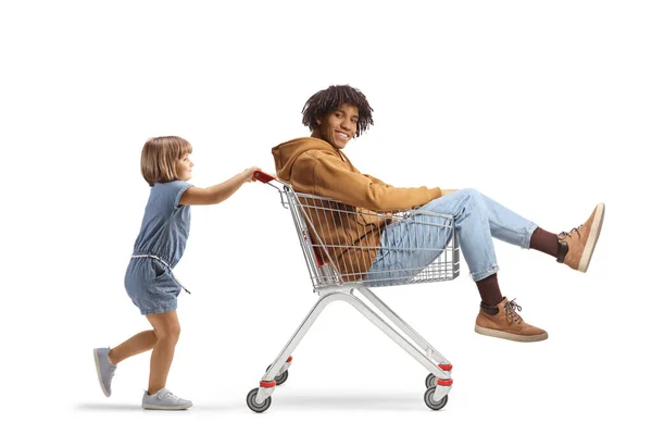 Beyaz Arka Planda Izole Edilmiş Bir Alışveriş Arabasının Içinde Afro — Stok fotoğraf