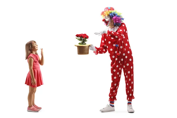Full Length Profile Shot Girl Watching Clown Performing Trick Isolated — Stock Photo, Image