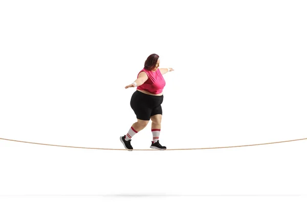 Full Length Profile Shot Corpulent Female Trying Walk Tightrope Isolated — Stock Photo, Image