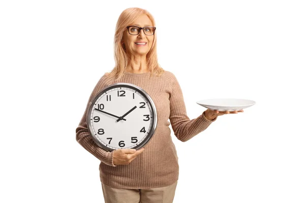 Woman Holding Plate Clock Isolated White Background — Stock Photo, Image