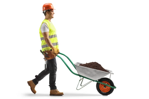 Full Length Profile Shot Construction Worker Pushing Wheelbarrow Soil Isolated — Stock Photo, Image