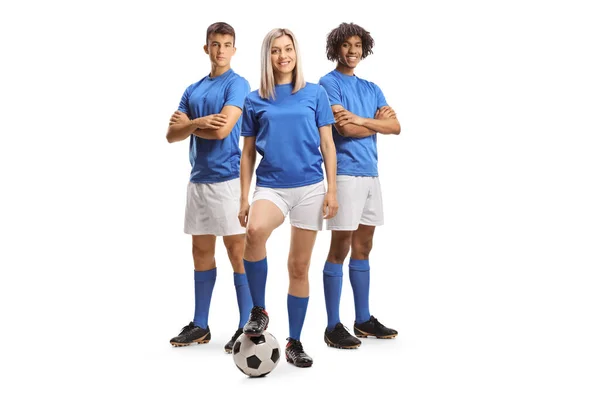 Manliga Och Kvinnliga Fotbollsspelare Poserar Isolerad Vit Bakgrund — Stockfoto