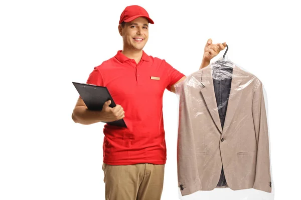 Dry Clean Worker Holding Suit Clipboard Isolated White Backgroun — Stock Photo, Image