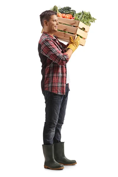 Full Length Profile Shot Male Farmer Holding Crate Vegetables His — Stock Photo, Image