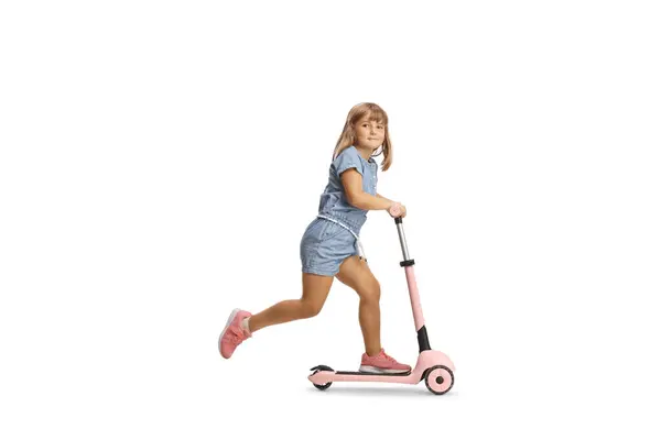 Full Length Shot Girl Riding Pink Scooter Looking Camera Isolated — Stock Photo, Image