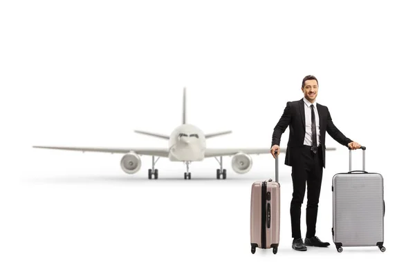 Full Length Portrait Man Suit Posing Suitcases Front Plane Isolated — Stock Photo, Image