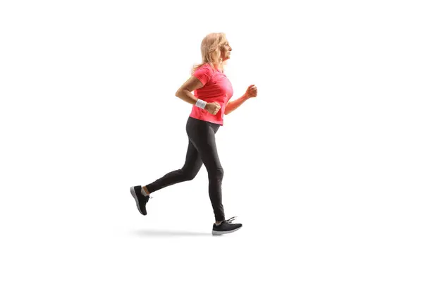 Full Length Profile Shot Mature Woman Jogging Isolated White Background — Stock Photo, Image
