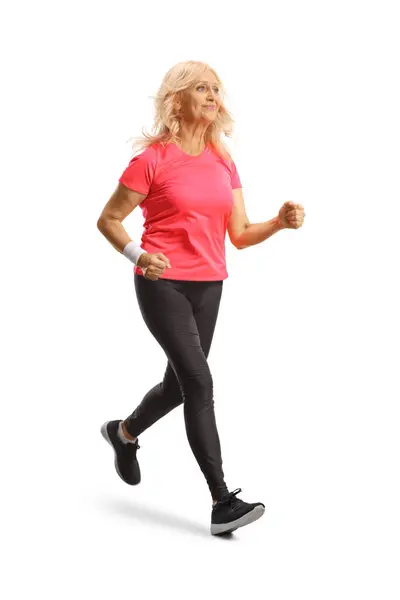 Starší Žena Jogging Úsměv Izolované Bílém Pozadí — Stock fotografie