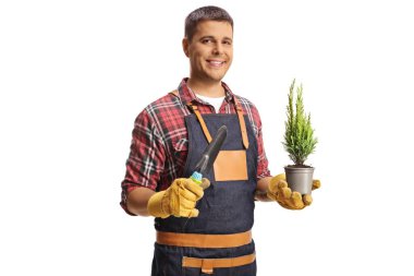 Bahçıvan tencerede hep yeşil bir ağaç tutuyor ve beyaz arka planda el budama makineleri var.