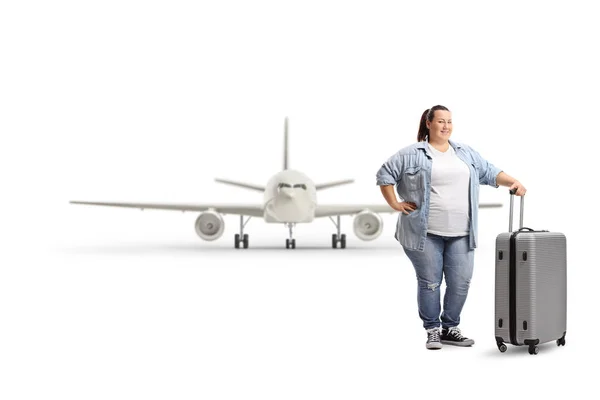 Full Length Portrait Corpuelnt Young Woman Suitcase Front Airplane Isolated — Stock Photo, Image