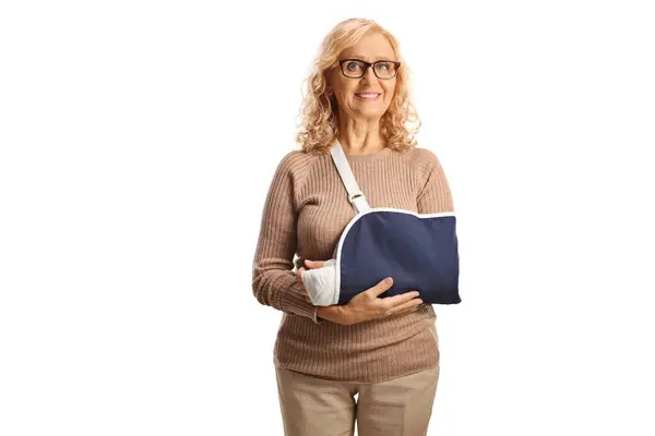 Mature Woman Broken Arm Sling Isolated White Background — Stock Photo, Image