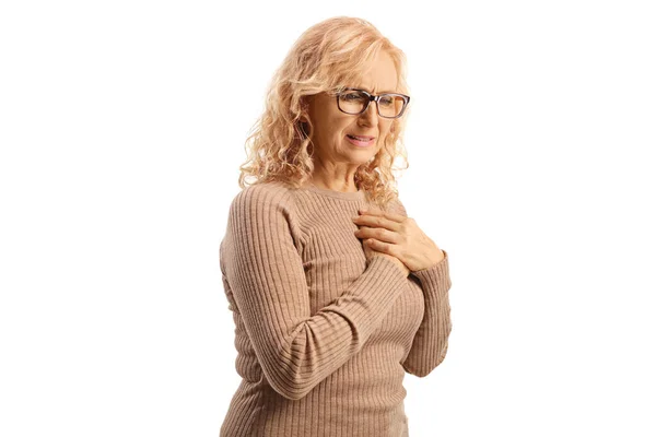 Woman Having Heart Attack Holding Her Chest Isolated White Background — Stock Photo, Image