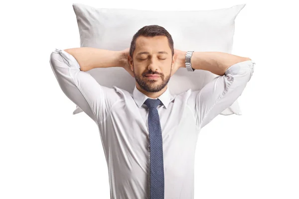 Портрет Бизнесмена Спящего Подушке Рубашке Галстуке Белом Фоне — стоковое фото