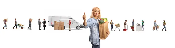 Woman Grocery Bags Gesturing Thumbs Front Farmers Delivering Fruits Vegetables — Stock Photo, Image