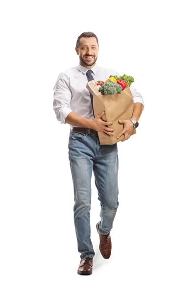 Full Length Portrait Smiling Professional Man Walking Carrying Bag Fruits — Stock Photo, Image