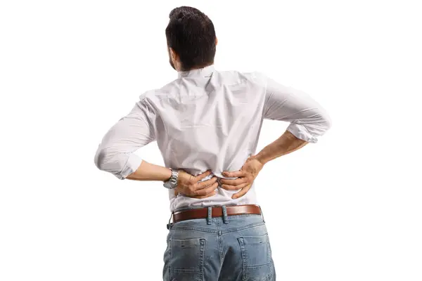 Rückansicht Eines Mannes Mit Rückenschmerzen Isoliert Auf Weißem Hintergrund — Stockfoto