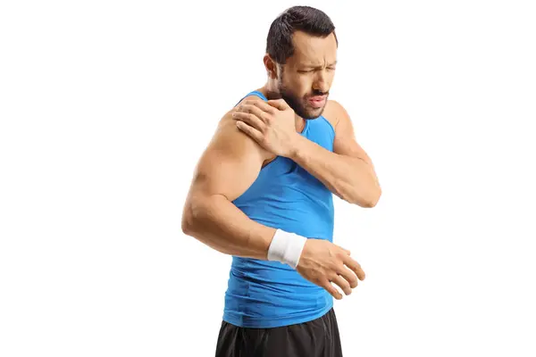 Männlicher Athlet Hält Seine Schulter Vor Schmerzen Isoliert Auf Weißem — Stockfoto