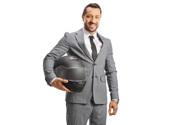 Businessman Holding Black Motorbike Helmet Smiling Isolated White Background — Stock Photo, Image