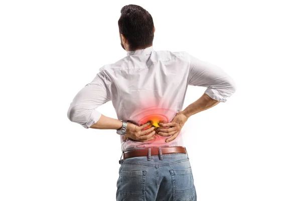 Rear View Shot Man Holding Lower Back Inflamed Zone Isolated — Stock Photo, Image