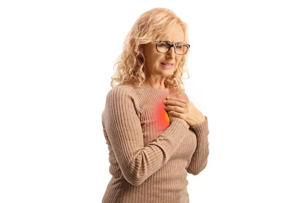 Woman Pain Holding Her Chest Red Spot Isolated White Background — Stock Photo, Image