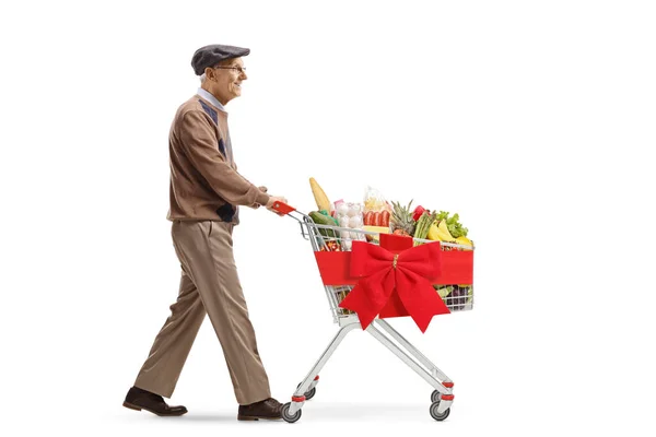Vollständige Profilaufnahme Eines Älteren Mannes Der Einen Einkaufswagen Mit Roter — Stockfoto