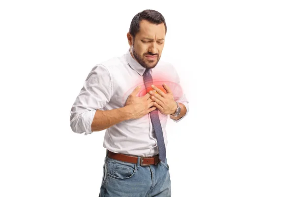 Junger Mann Schmerzen Hält Ihre Brust Mit Rotem Fleck Isoliert — Stockfoto