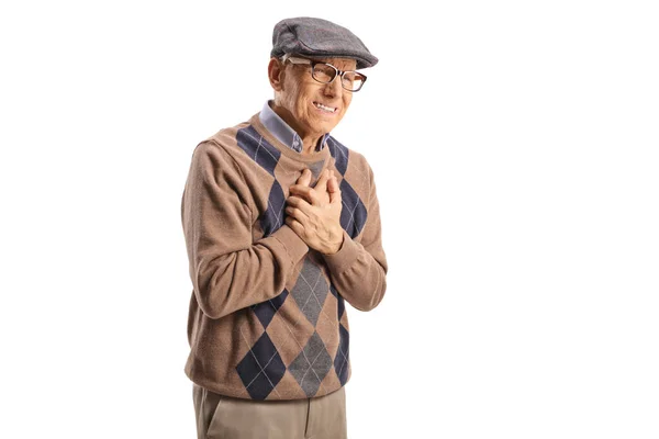 Anciano Con Dolor Sosteniendo Pecho Aislado Sobre Fondo Blanco — Foto de Stock