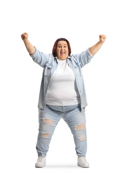 快乐肥胖的女人举手表决时 双手被白色背景隔离 — 图库照片