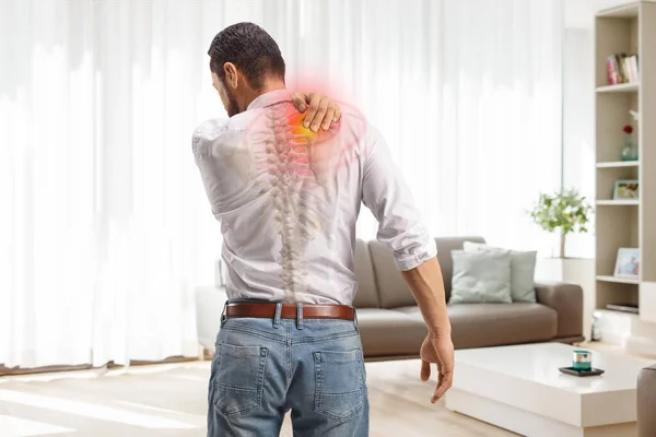 Rear View Shot Man Pain Upper Back Holding Inflamed Red — Stock Photo, Image