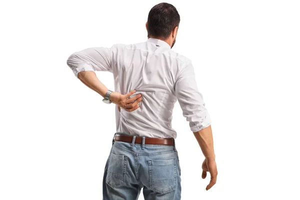 Rear View Shot Man Holding His Stiff Back Isolated White — Stock Photo, Image