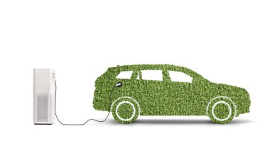 Beyaz arkaplanda izole edilmiş bir şarj istasyonuna takılı yeşil elektrikli araç