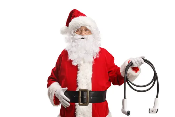Santa Claus Håller Elektrisk Bil Laddare Isolerad Vit Bakgrund — Stockfoto