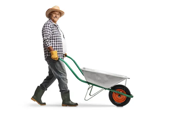 Full Length Profile Shot Mature Male Gardener Pushing Wheelbarrow Isolated — Stock Photo, Image