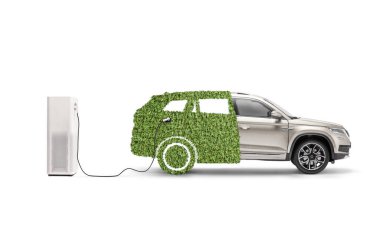 Beyaz arkaplanda izole edilmiş bir şarj istasyonuna bağlı hibrit elektrikli araç