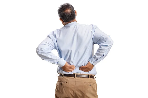 Rear View Shot Mature Man Holding Lower Back Isolated White Stock Image