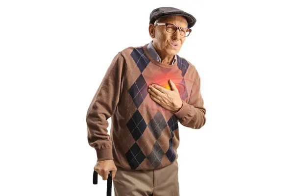 Elderly Man Having Heart Attack Symptoms Isolated White Background — Stock Photo, Image