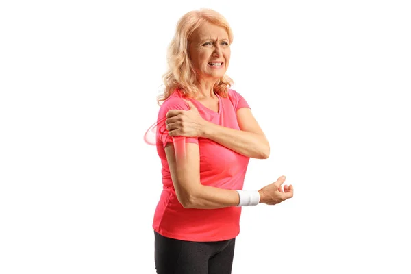 Mature Woman Sportswear Painful Dislocated Shoulder Isolated White Background — Stock Photo, Image