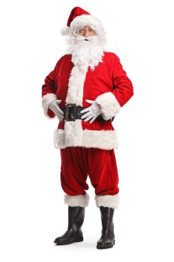 Beyaz arka planda izole edilmiş gülümseyen mutlu Noel Baba 'nın tam boy portresi