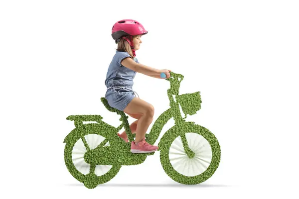 Профільний Знімок Дівчини Шоломом Їде Зеленому Еко Велосипеді Ізольовано Білому — стокове фото