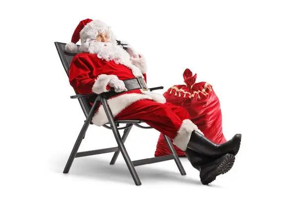Père Noël Assis Dans Une Chaise Pliable Faire Appel Téléphonique — Photo