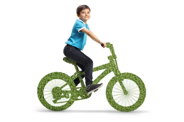 Happy Boy Riding Green Bicycle Isolated White Background — Stock Photo, Image