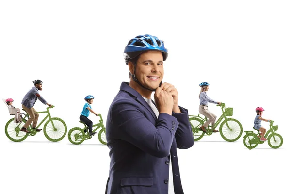 Man Putting Helmet People Riding Green Bicycles Isolated White Background — Stock Photo, Image