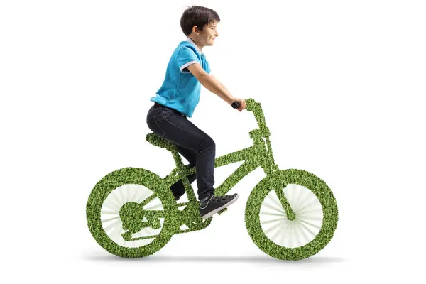 Happy Boy Riding Green Eco Friendly Bicycle Isolated White Background — Stock Photo, Image