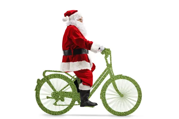 Noel Baba Nın Yeşil Bisiklet Sürerken Beyaz Arka Planda Izole — Stok fotoğraf