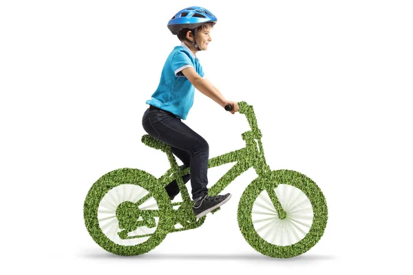 Boy Helmet Riding Green Eco Bicycle Isolated White Background — Stock Photo, Image