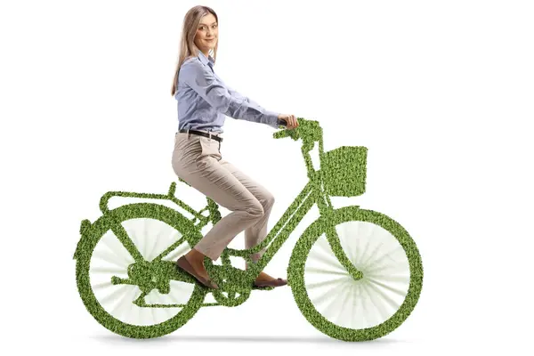 Giovane Donna Abiti Formali Sella Una Verde Eco Bicicletta Isolata — Foto Stock