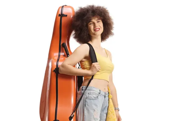 Young Female Musician Cello Case Her Shoulder Smiling Camera Isolated — Stock Photo, Image
