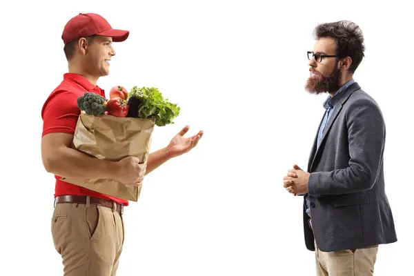 Profile Shot Delivery Courier Grocery Bag Talking Bearded Male Customer — Stock Photo, Image