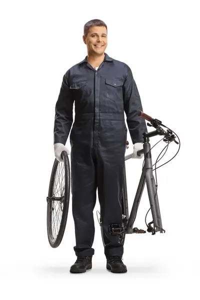 Mechanik Rowerowy Trzymający Części Roweru Białym Tle — Zdjęcie stockowe